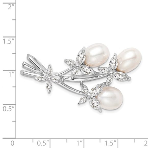 925 Sterling Silver FWC Pearl and CZ Floral Pin Brooch, 41mm X 22mm gift for mom - Picture 2 of 3